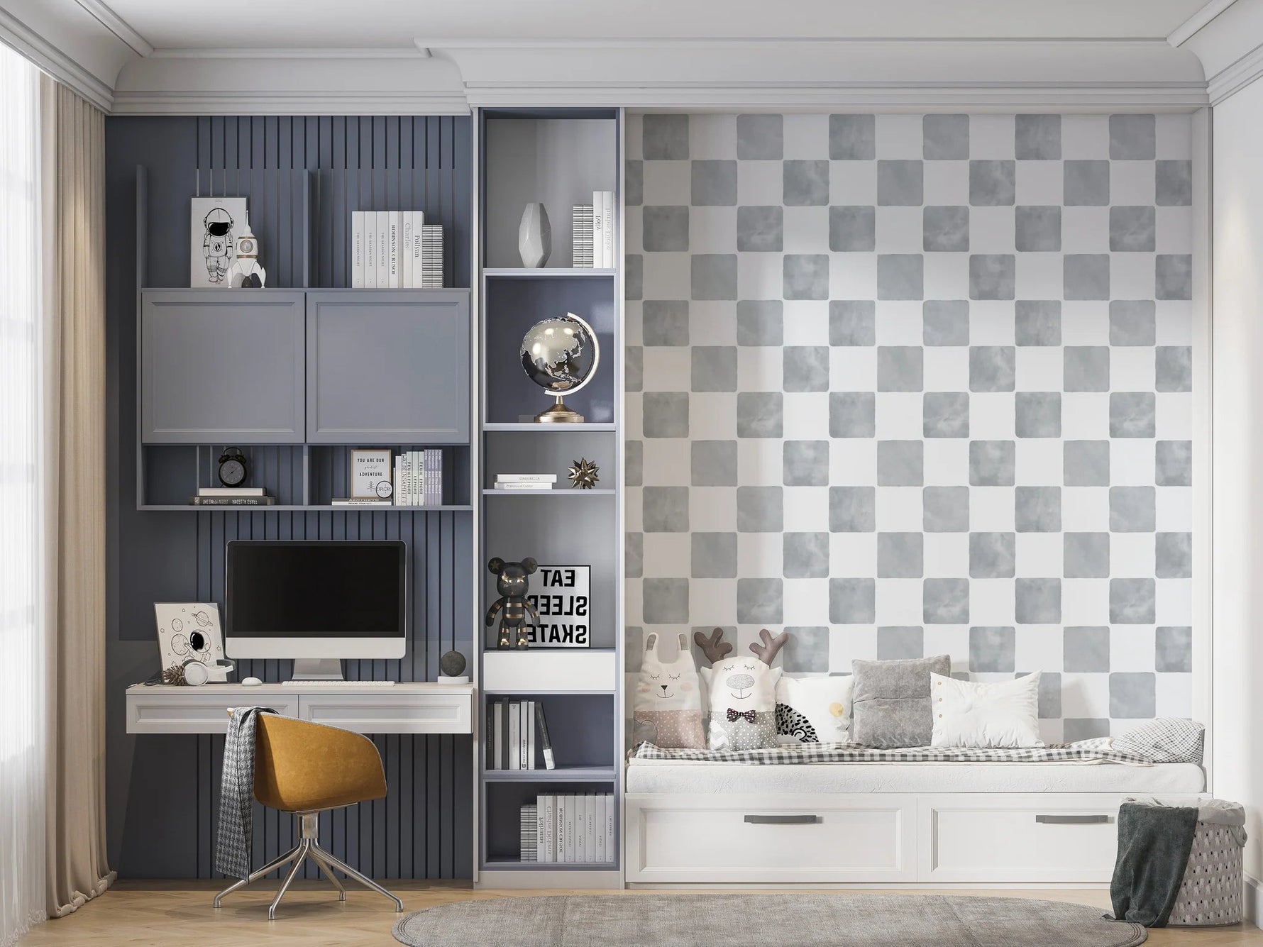 MUNKS & ME - Papier Peint Chambre Enfant à Motif Répété - À Carreaux Billys | Bleu