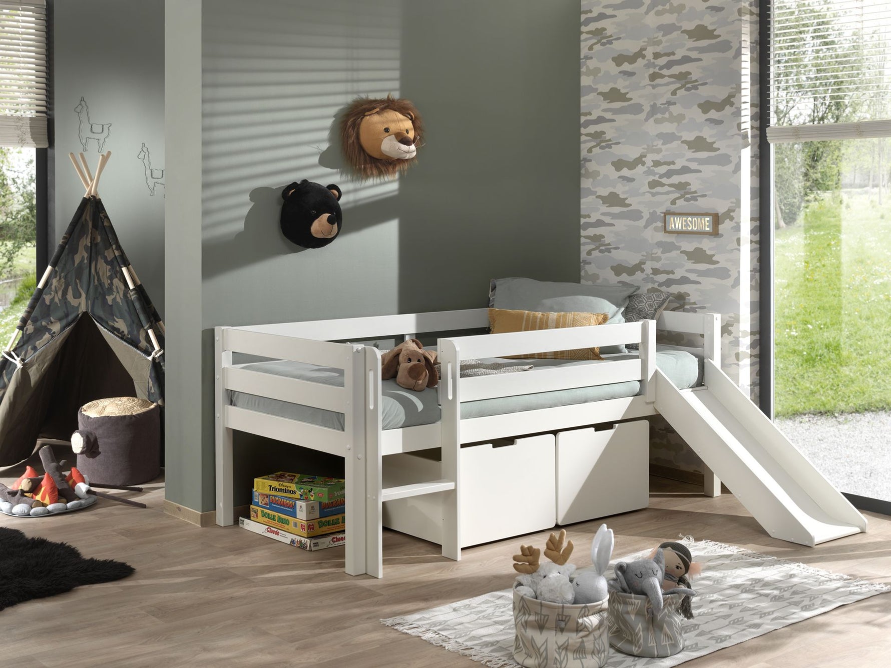 Lit Mezzanine Mi-Hauteur (H 85cm) SCOTT Avec Toboggan 90 X 200 cm Blanc VIPACK