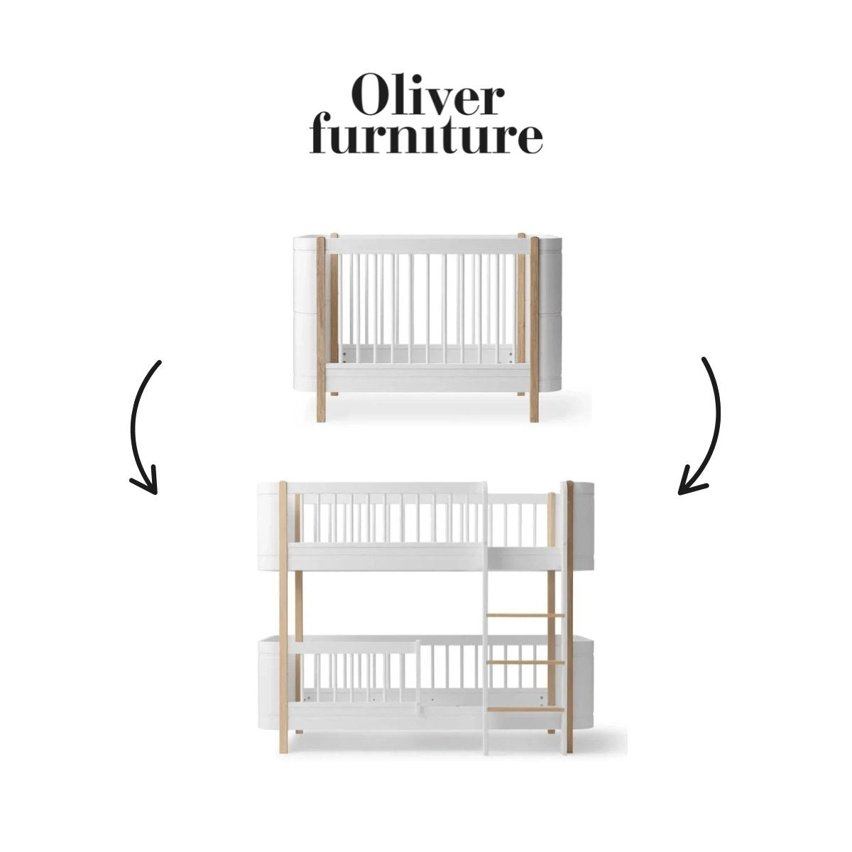 041481 - Kit De Conversion -  Lit bébé évolutif Mini+, Avec Kit Junior Inclus - en Lit Superposé Mi-Haut, blanc/chêne OLIVER FURNITURE