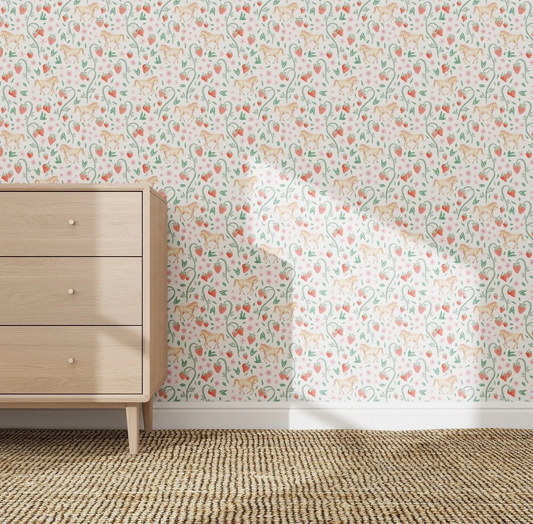 MUNKS & ME - Motif De Répétition Du Papier Peint Panoramique Pour Enfants - Chevaux Fraises