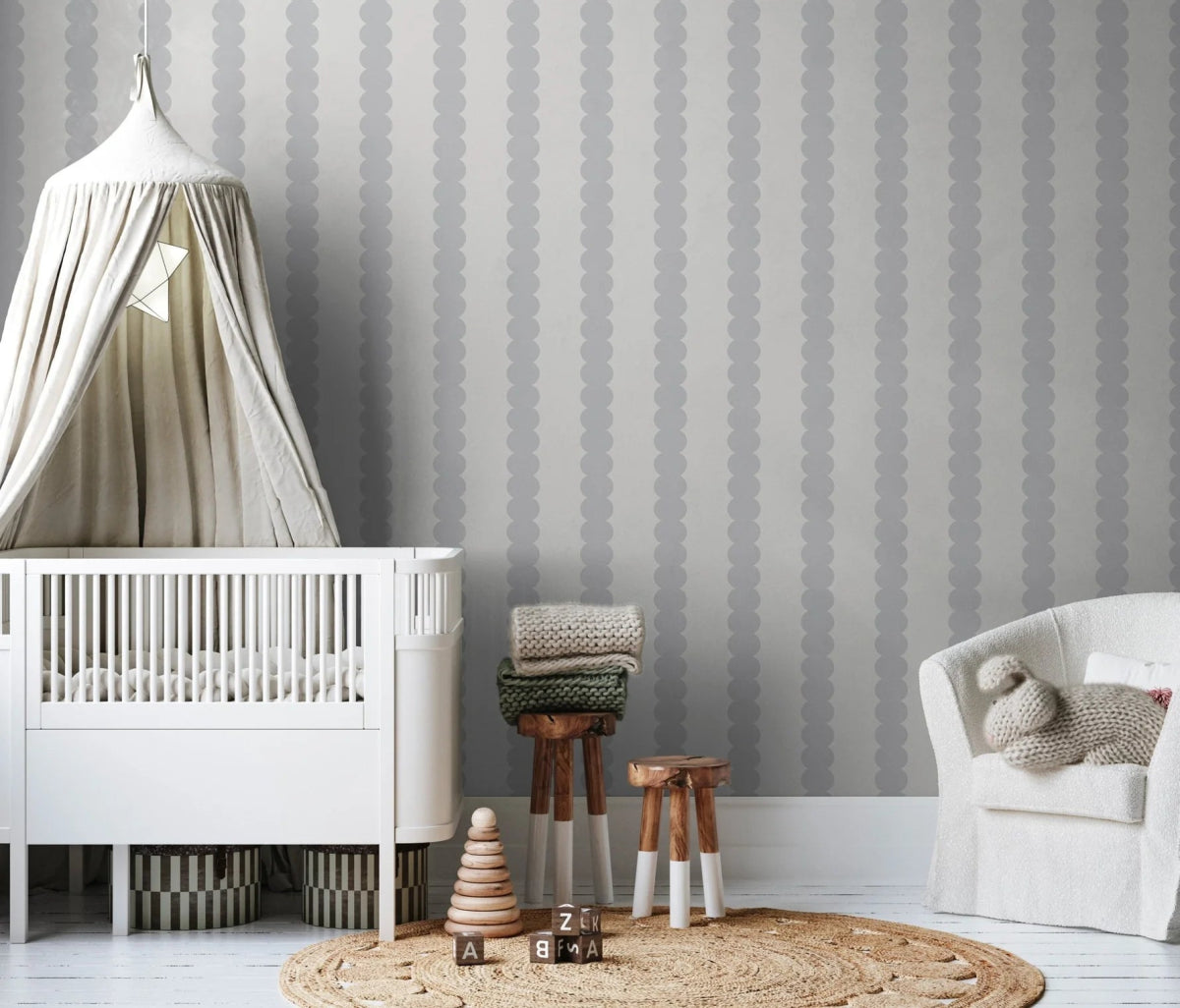 MUNKS & ME - Papier Peint Panoramique Pour Enfants - À Rayures Festonnées Gris