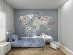 MUNKS & ME - Papier Peint Panoramique Pour Enfants - Carte Du Monde | Bleu
