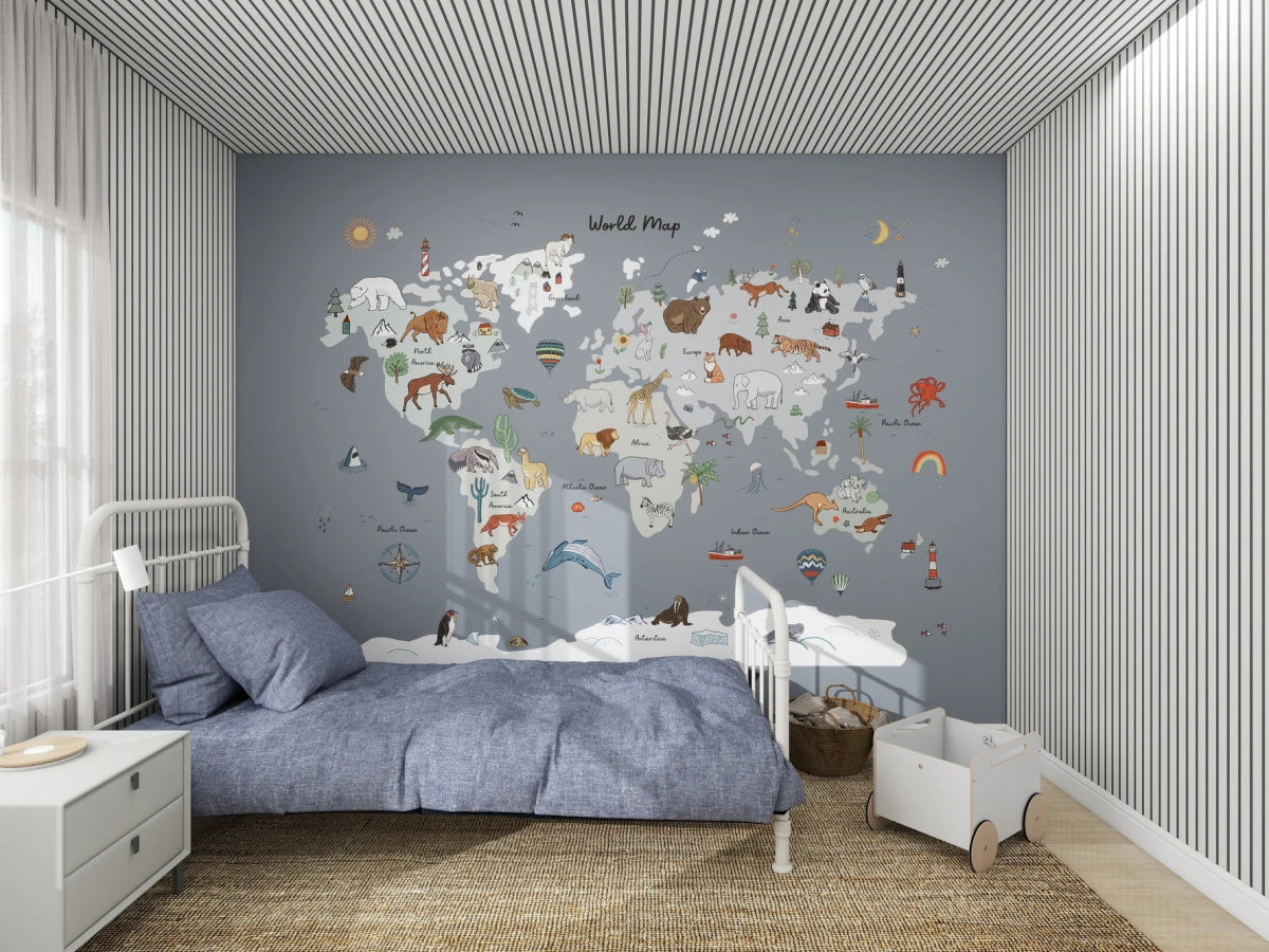 MUNKS & ME - Papier Peint Panoramique Pour Enfants - Carte Du Monde | Bleu