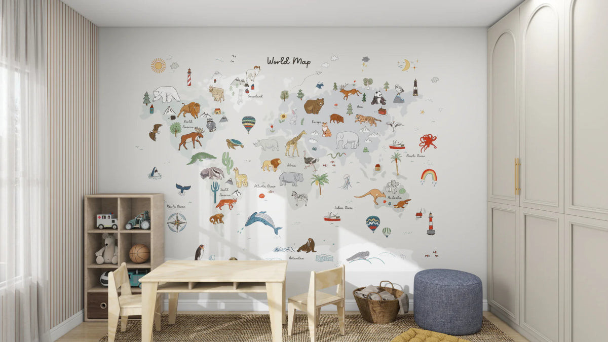 MUNKS & ME - Papier Peint Panoramique Pour Enfants - Carte Du Monde | Gris