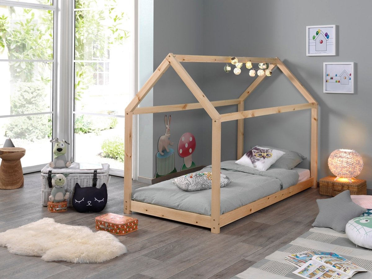VIPACK - Lit Cabane Bois Naturelle Avec Matelas 90 x 200 cm