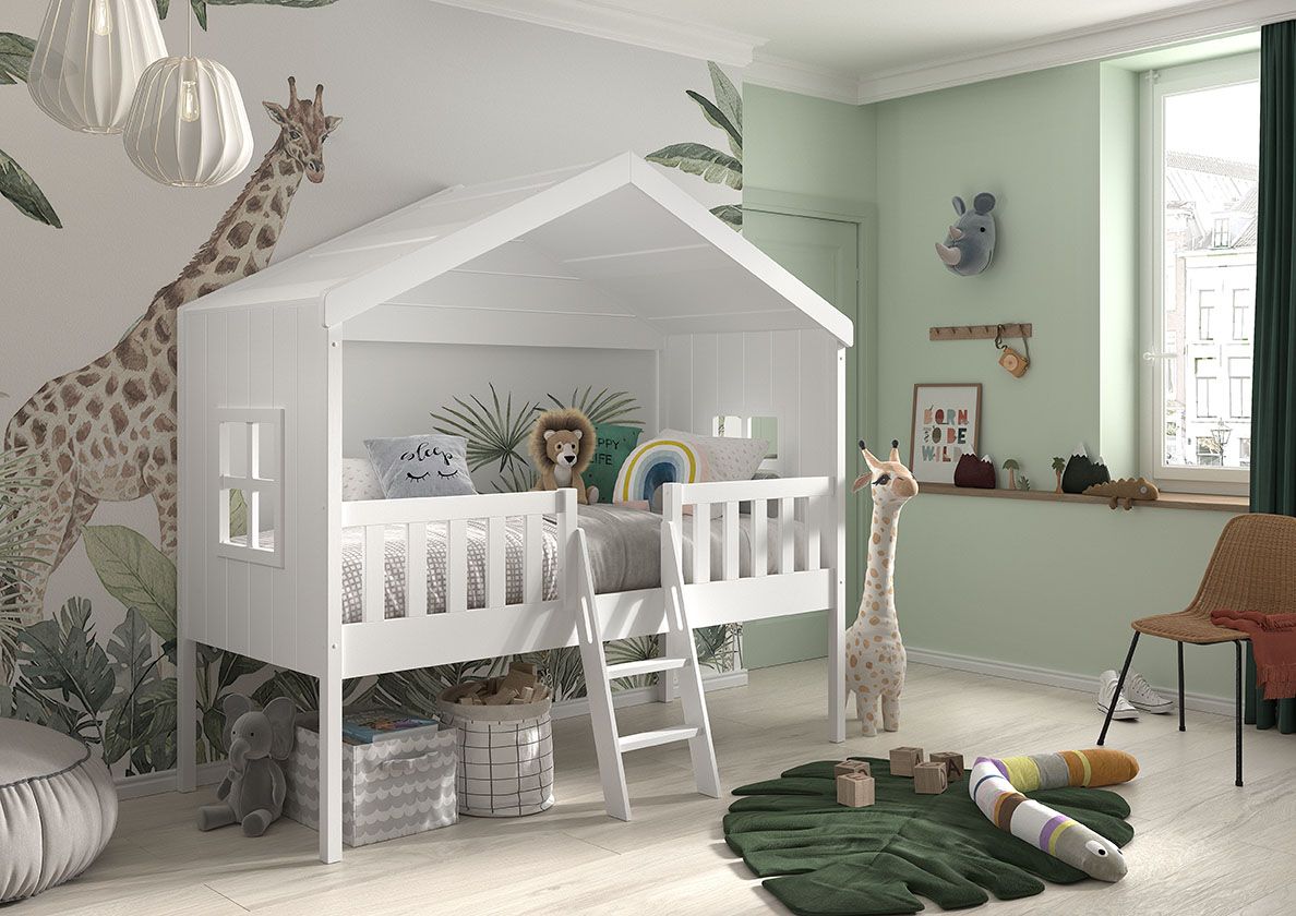 VIPACK - Lit Cabane HOUSEBED Avec Échelle 90x200cm Blanc