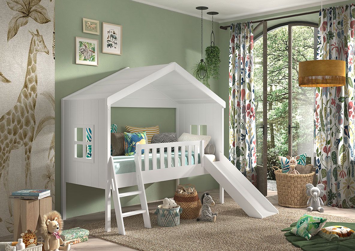 VIPACK - Lit Cabane HOUSEBED Avec Toboggan 90x200cm Blanc - Les Petits