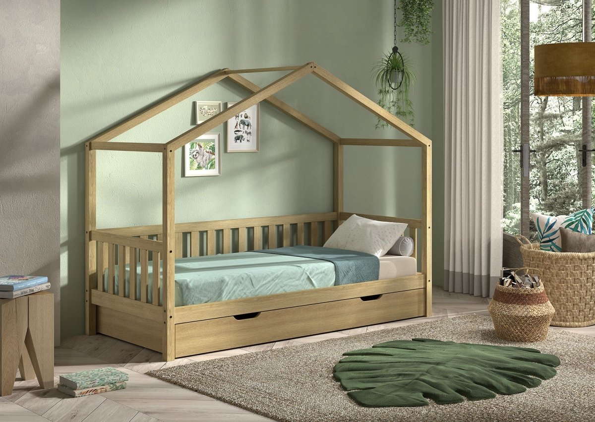 VIPACK - Lit Cabane Nature Avec Grille 90 X 200 cm Chêne