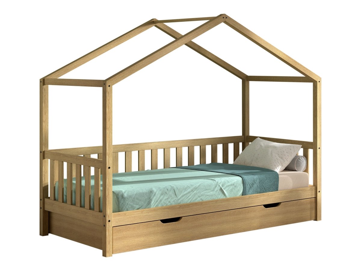 VIPACK - Lit Cabane Nature Avec Grille 90 X 200 cm Chêne