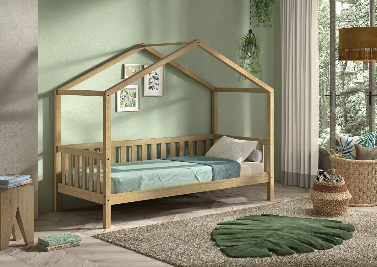 VIPACK - Lit Cabane Nature Avec Grille 90 X 200 cm Chêne - Les Petits