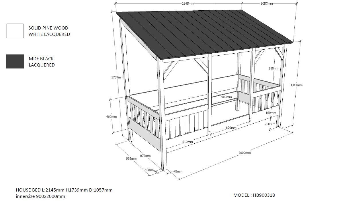 VIPACK - Lit Cabane(03) HOUSEBED 90x200cm Toit Blanc