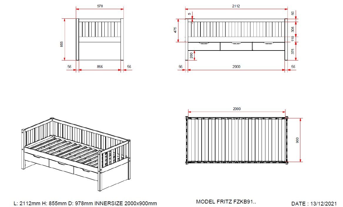 VIPACK - Lit Capitaine (91) FRITZ 90x200 cm Pin Laiteux