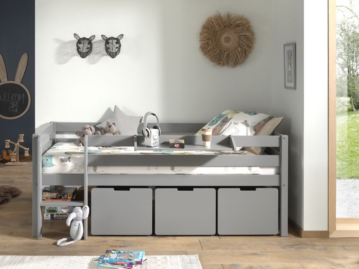 VIPACK - Lit Mi - Hauteur PINO (H 85cm) Avec Échelle 90 x 200 cm Gris