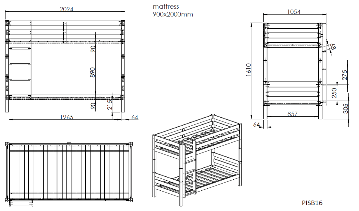 VIPACK - Lit Superposé (H 160cm) PINO 90 X 200 cm Gris