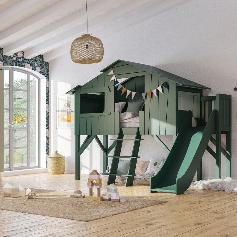 MATHY BY BOLS - Lit Cabane Simple 90 X 190cm & Toboggan + Plate - forme (Coloris Au Choix)