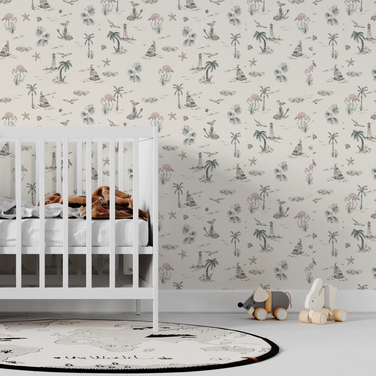 MUNKS & ME - Papier Peint Chambre Enfant à Motif Répété - Flamant Rose En Bord De Mer
