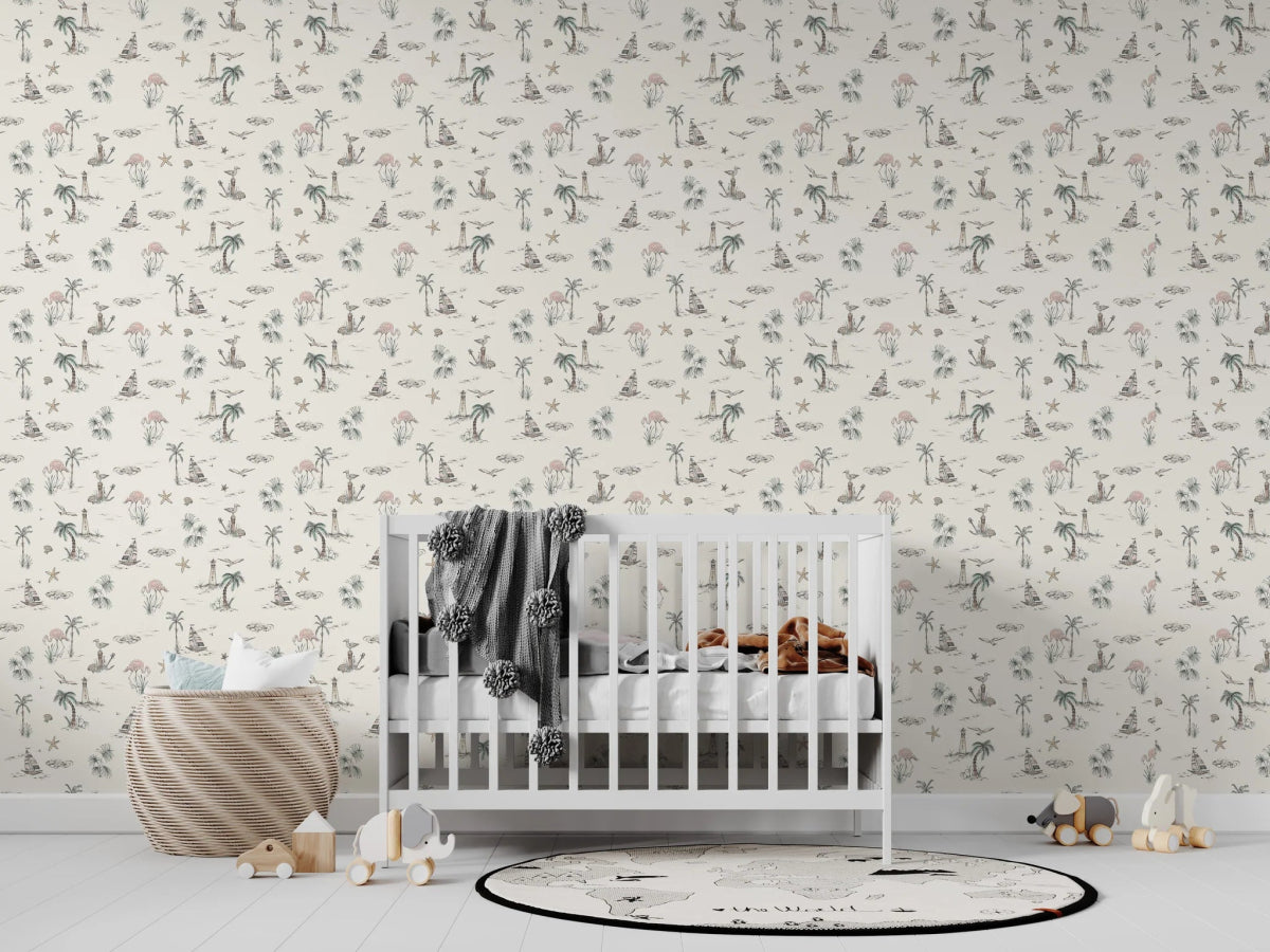 MUNKS & ME - Papier Peint Chambre Enfant à Motif Répété - Flamant Rose En Bord De Mer