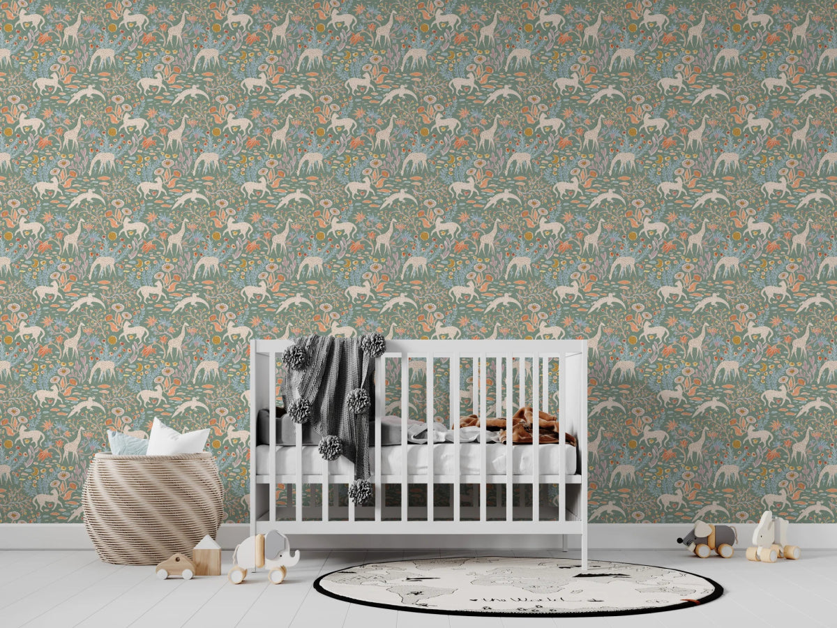 MUNKS & ME - Papier Peint Chambre Enfant à Motif Répété - Mils Menagerie - Sauge