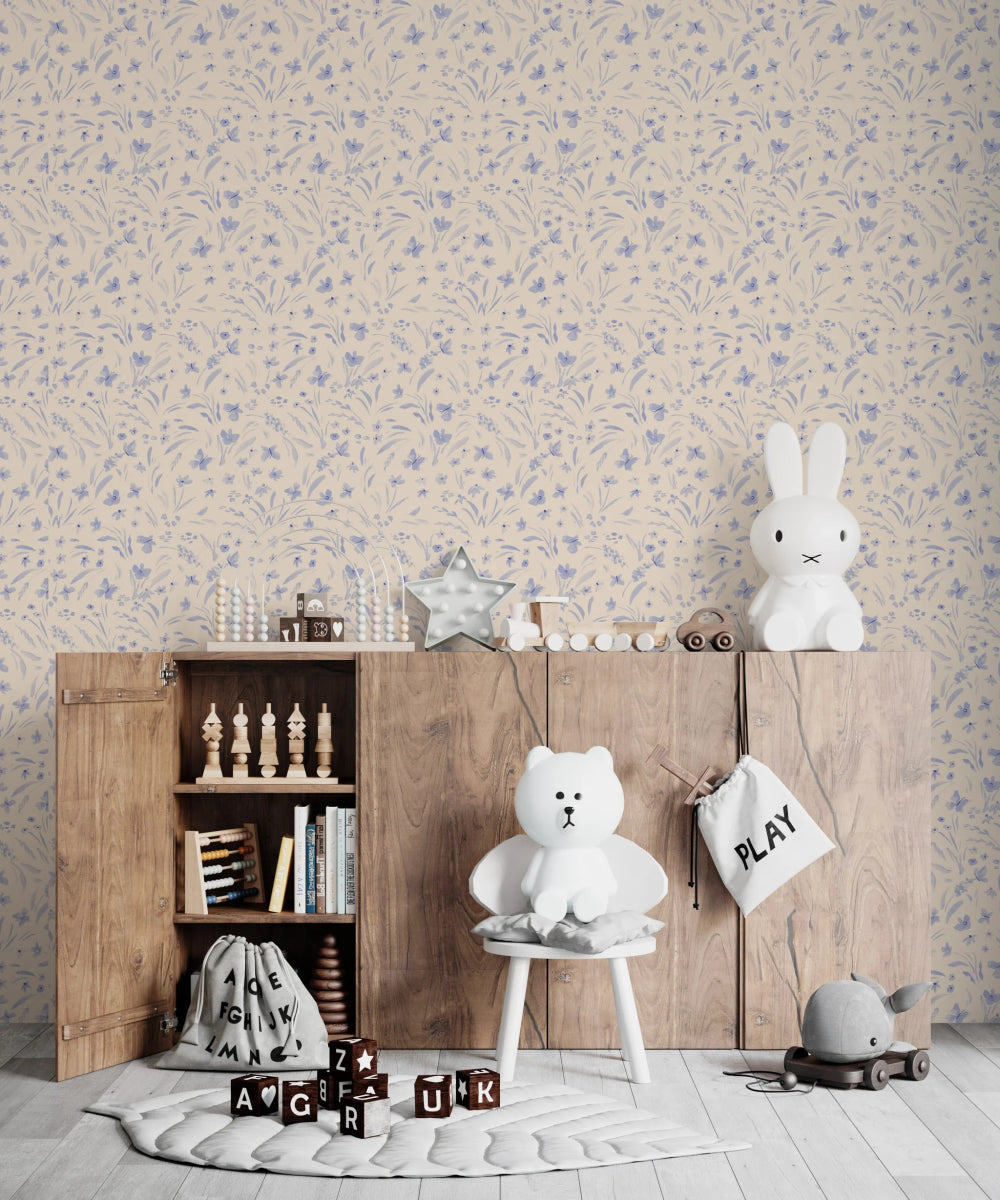 MUNKS & ME - Papier Peint Chambre Enfant à Motif Répété - Papillon Meadowland - Cyan