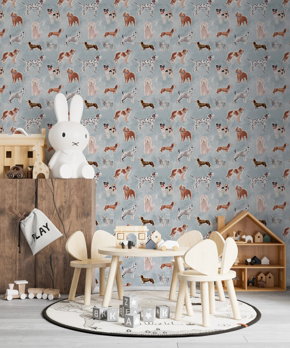 MUNKS & ME - Papier Peint Chambre Enfant à Motif Répété - Rigby Dog - Bleu