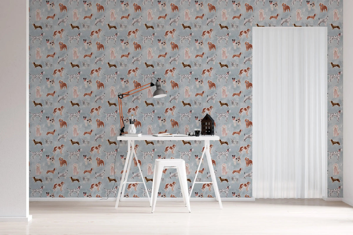 MUNKS & ME - Papier Peint Chambre Enfant à Motif Répété - Rigby Dog - Bleu