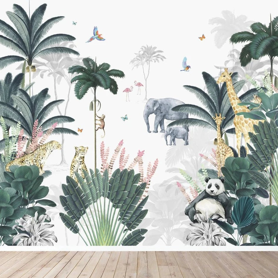 MUNKS & ME - Papier Peint Chambre Enfant Léopard Et Amis Avec Panda Jungle