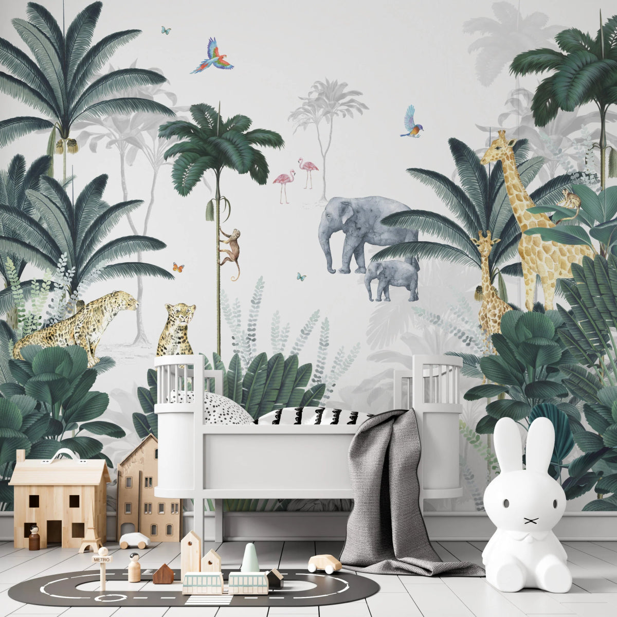 MUNKS & ME - Papier Peint Chambre Enfant Léopard Et Ses Amis Jungle - Bleu