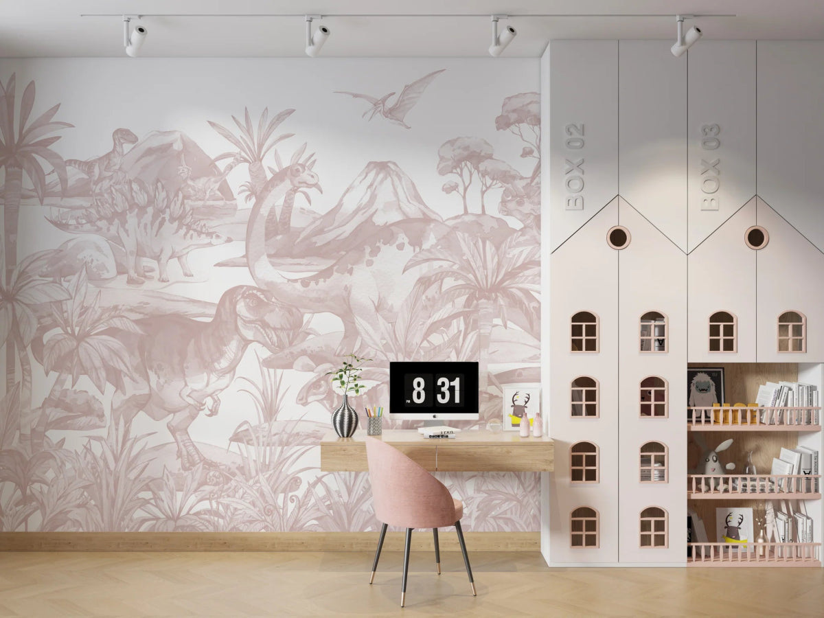 MUNKS & ME - Papier Peint Chambre Enfant Monde Des Dinosaures - Rose