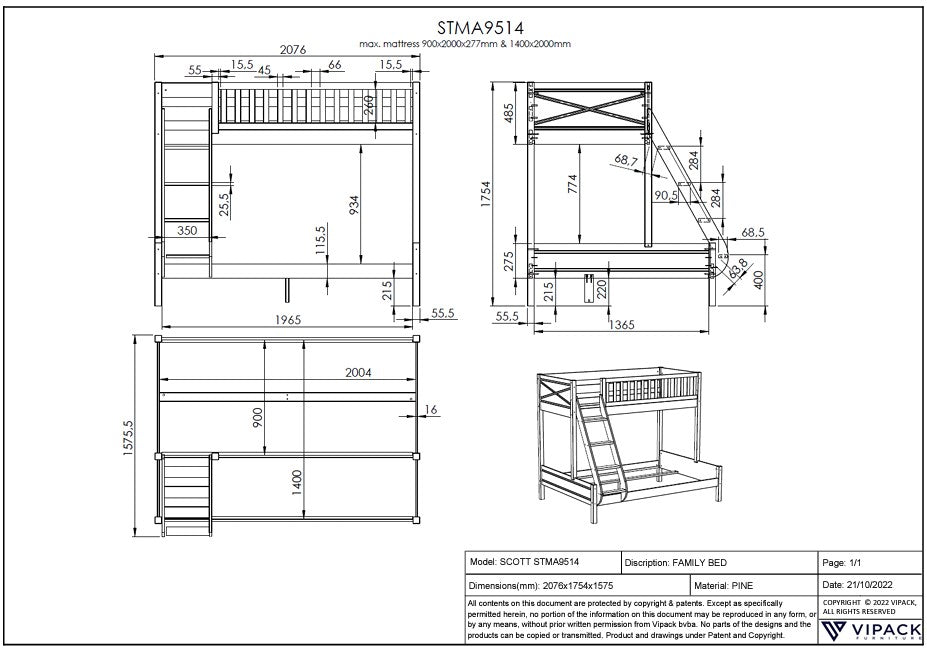 VIPACK - Lit De Famille SCOTT 140 X 200 cm + 90 X 200 cm Blanc