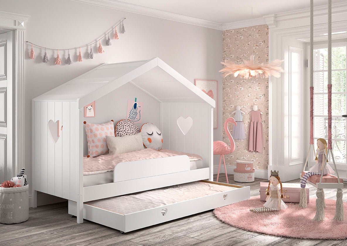VIPACK - Lit Cabane AMORI Avec Lit Gigogne & Barriere de Lit 90x200cm