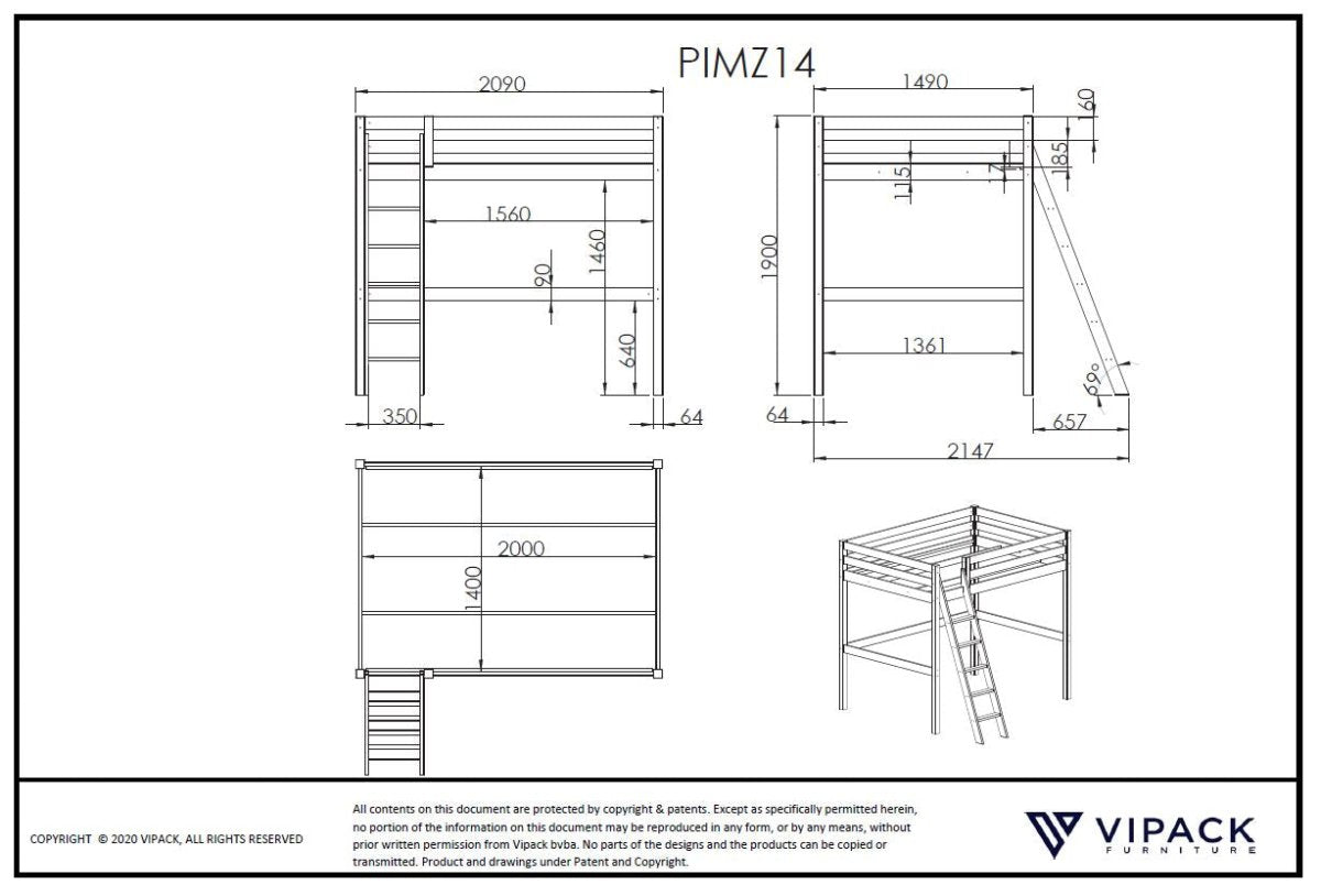 VIPACK - Lit Mezzanine 140 x 200 cm PINO Blanc