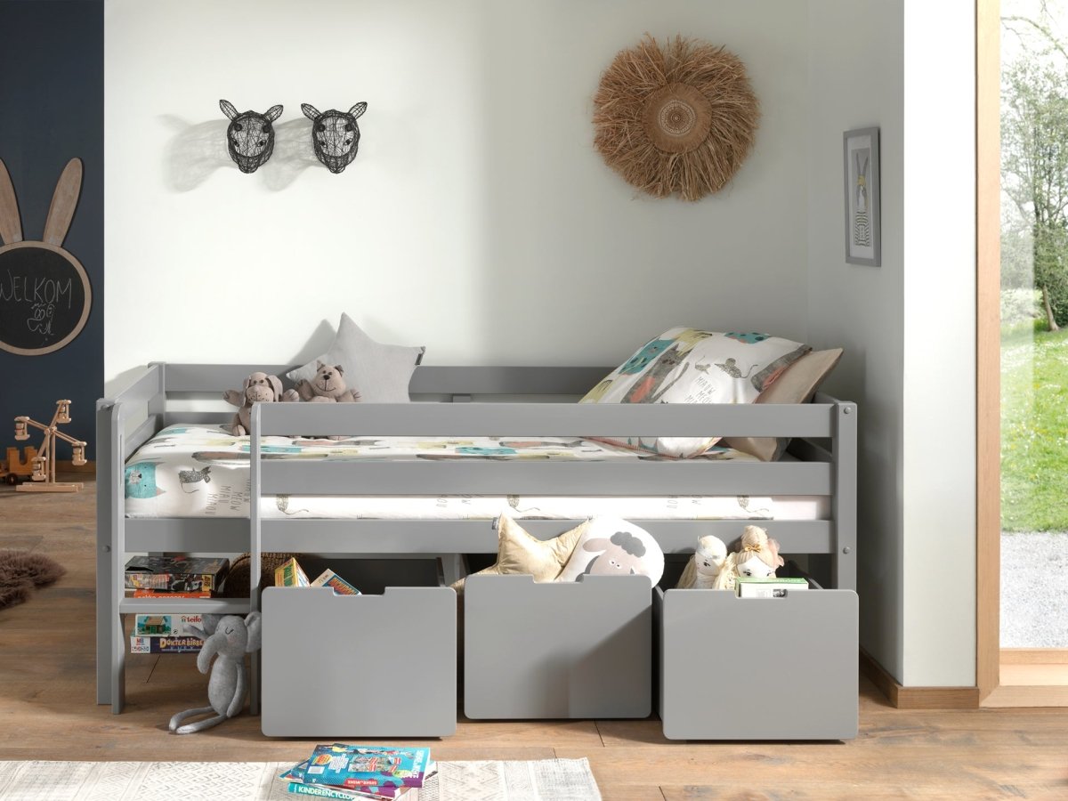 VIPACK - Lit Mi - Hauteur PINO (H 85cm) Avec Échelle 90 x 200 cm Gris