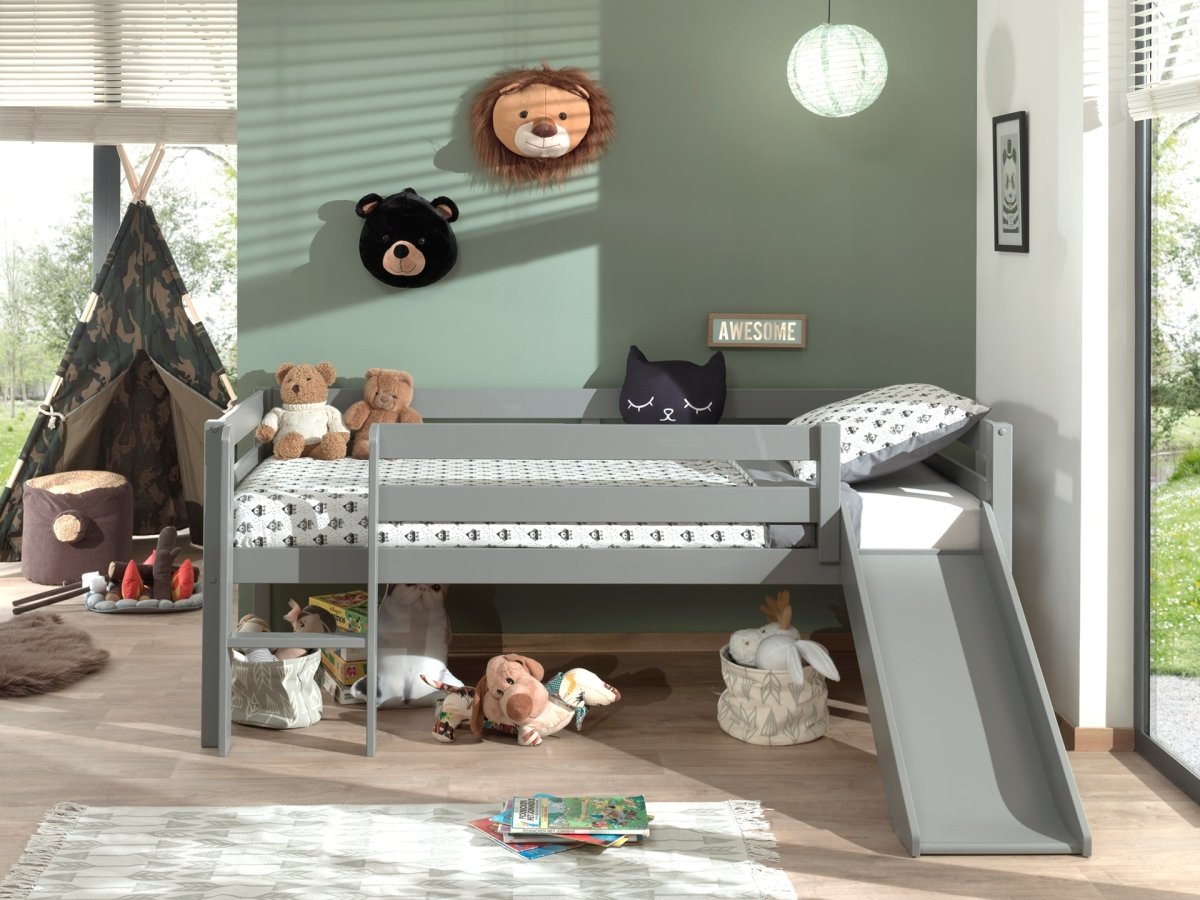 VIPACK - Lit Mi - Hauteur (H 85cm) PINO Avec Toboggan 90 x 200 cm Gris